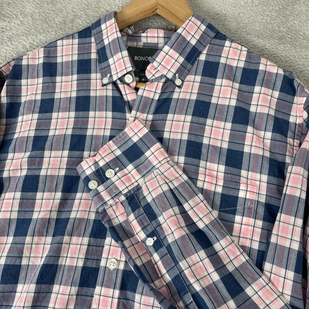 Bonobos Button Down Shirt Mens Medium Pink Navy Blue Slim Fit Plaid Cotton